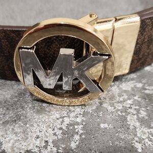 Michael Kors Brown Monogram Belt with Gold & Silver MK Buckle